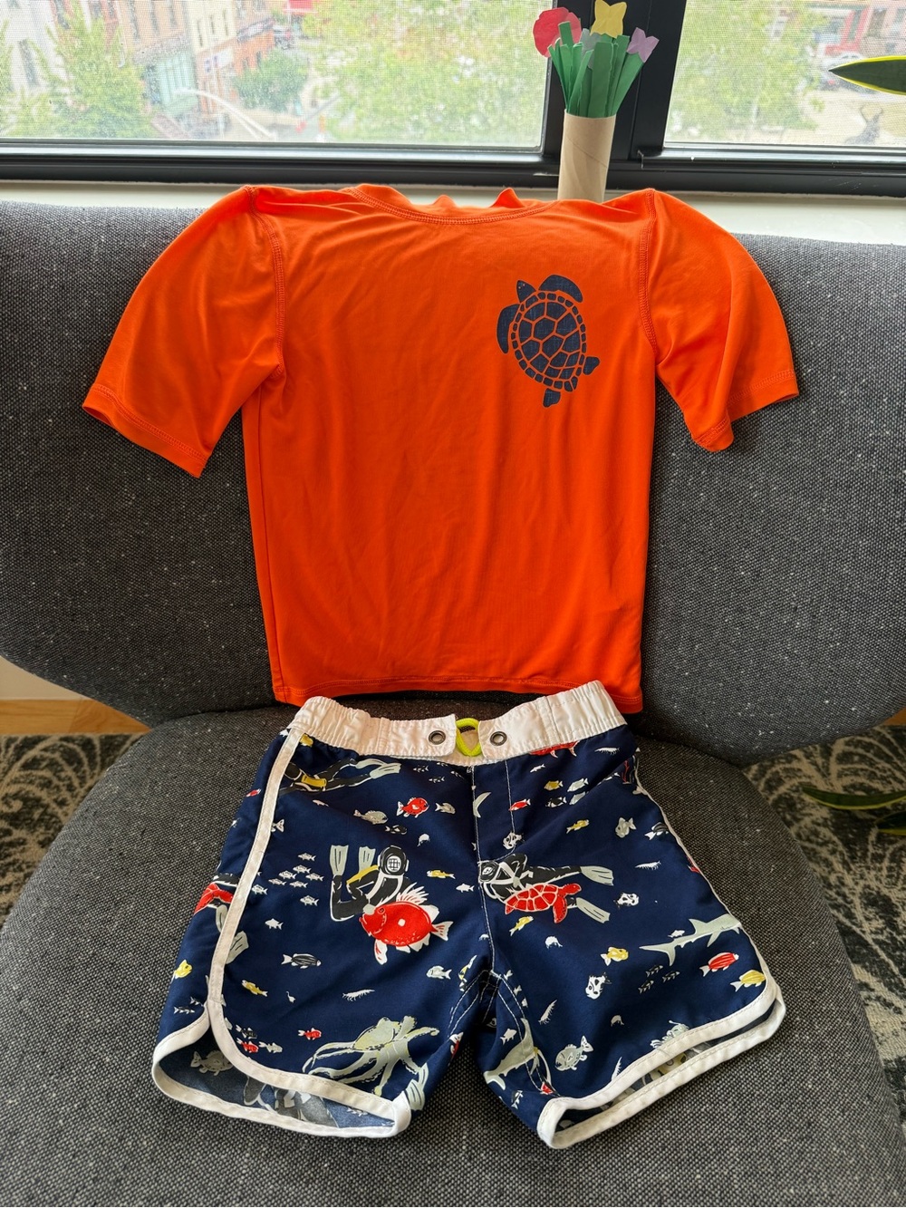 Mini Boden Navy Swim Trunks with Neon Drawstring and Multicolor Sea Critters